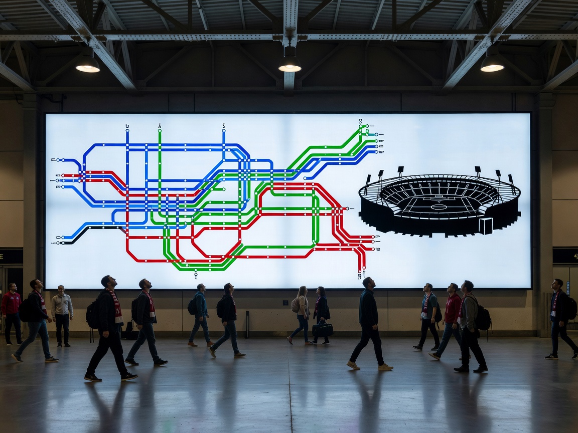 Rail station concourse, route lines and football stadium silhouette for away-day planning