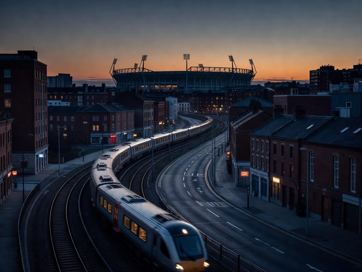 Train line, city streets and stadium silhouette representing football away-day planning