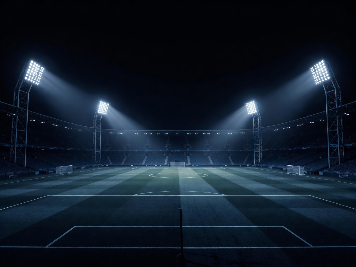 Champions League style stadium lights over a dark blue football ground