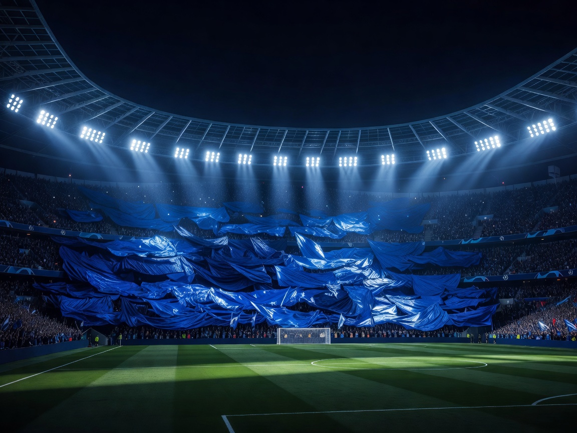 Floodlit European football arena with blue tifo style atmosphere and bright roof lights