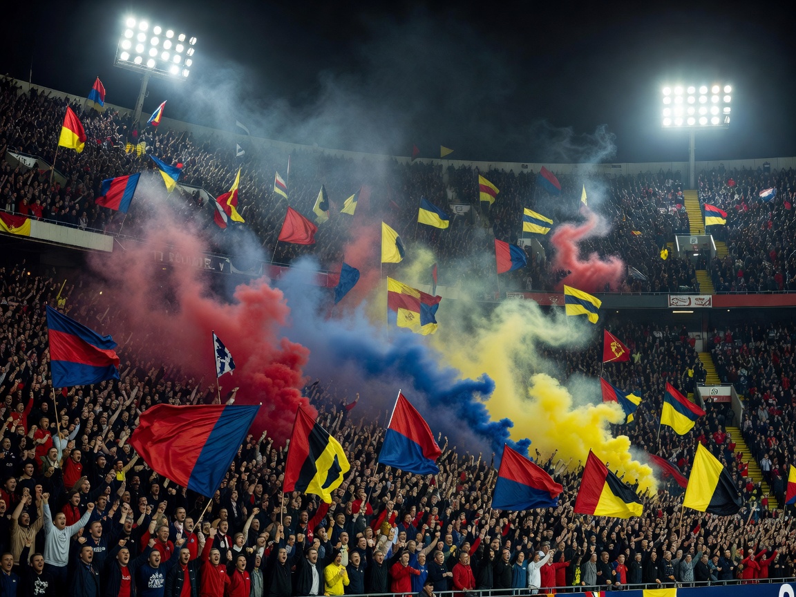 Night football crowd with flags and coloured smoke representing a domestic derby atmosphere