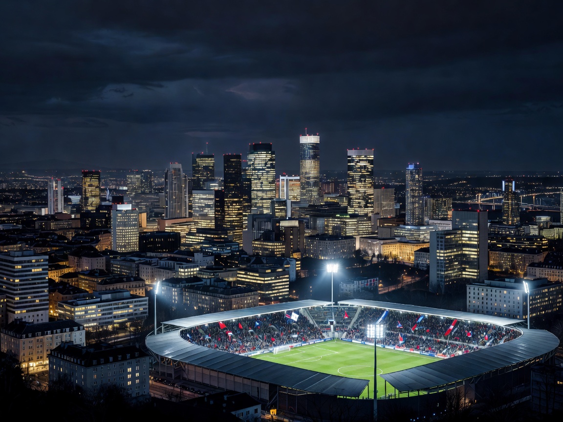 Night city skyline and football ground evoking Europa League and Conference League travel