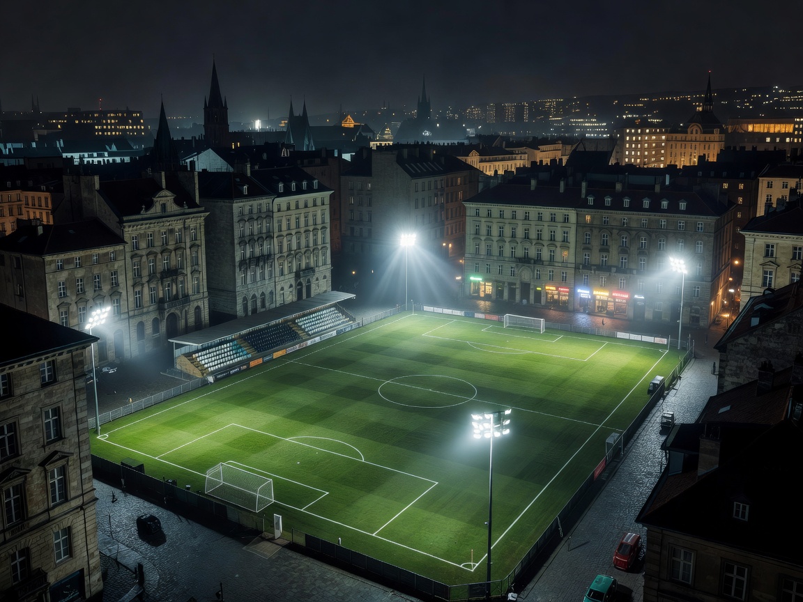 Urban nightscape and compact football ground representing Europa and Conference competition travel