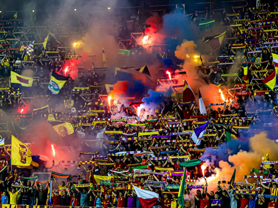 Colourful football crowd and flares atmosphere without identifiable teams or people
