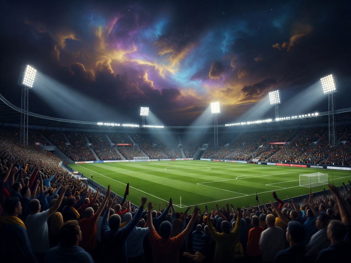 Floodlit European football stadium with glowing night sky and abstract crowd scene